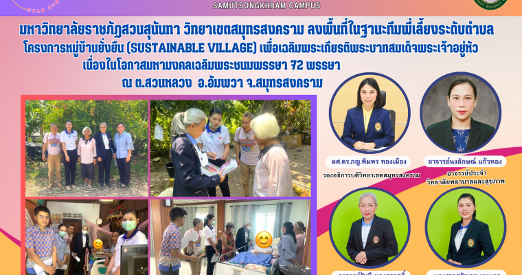 มหาวิทยาลัยราชภัฏสวนสุนันทา วิทยาเขตสมุทรสงคราม ลงพื้นที่ในฐานะทีมพี่เลี้ยงระดับตำบล โครงการหมู่บ้านยั่งยืน (Sustainable Village) เพื่อเฉลิมพระเกียรติพระบาทสมเด็จพระเจ้าอยู่หัว เนื่องในโอกาสมหามงคลเฉลิมพระชนมพรรษา 72 พรรษา ณ ต.สวนหลวง อ.อัมพวา จ.สมุทรสงคราม